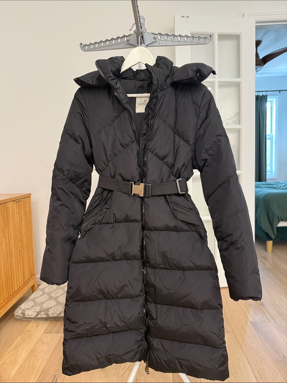 Moncler Black Long Quilted Hooded Belted Puffer Coat Size S